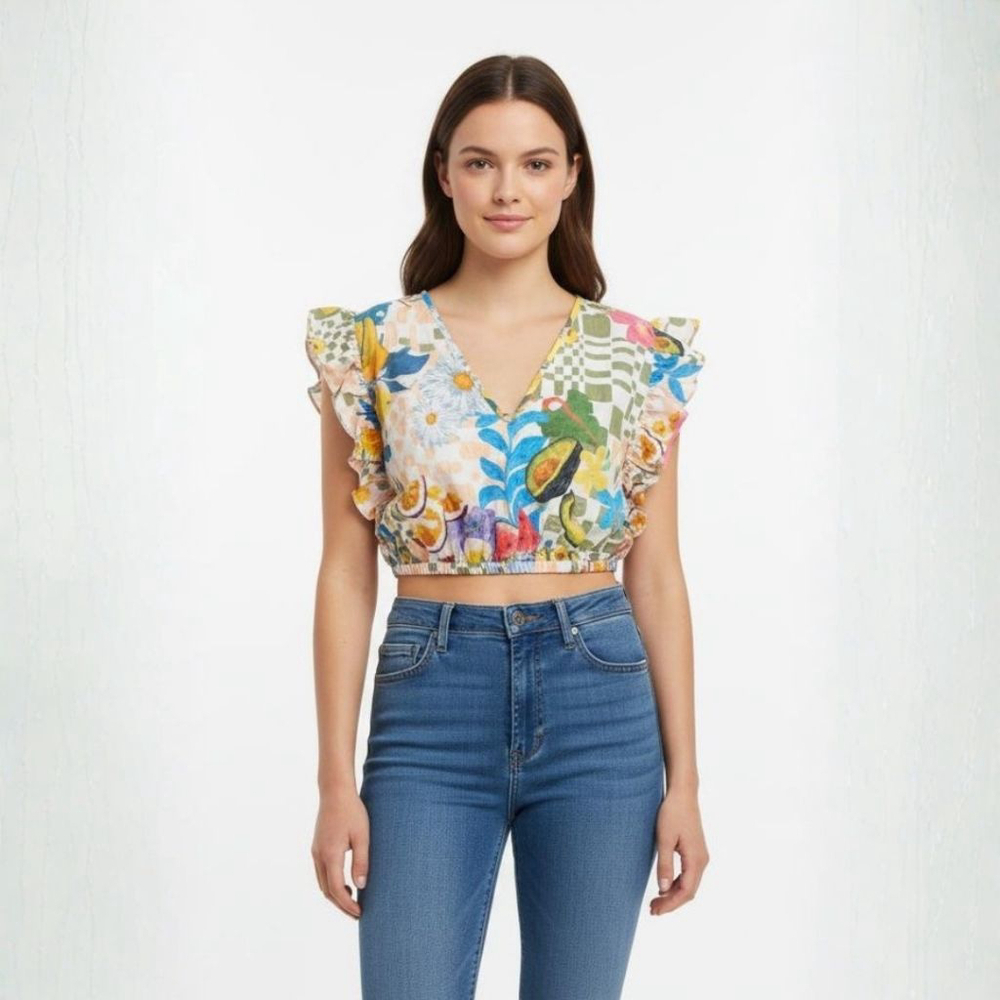 Garrie B White Multi-color Floral Fruit Crop Top - Small - See Notes